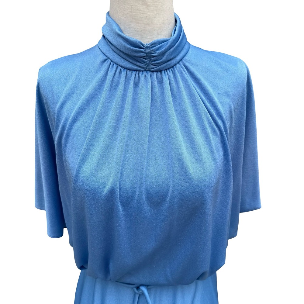 Vintage 70s Blue Mock Neck Cape Sleeve Maxi Dress Disco Gown Tie Waist Blue - Picture 3 of 14